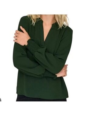 ONLY Open V-neck long sleeve smock top Women's blouse dark green size small NEW